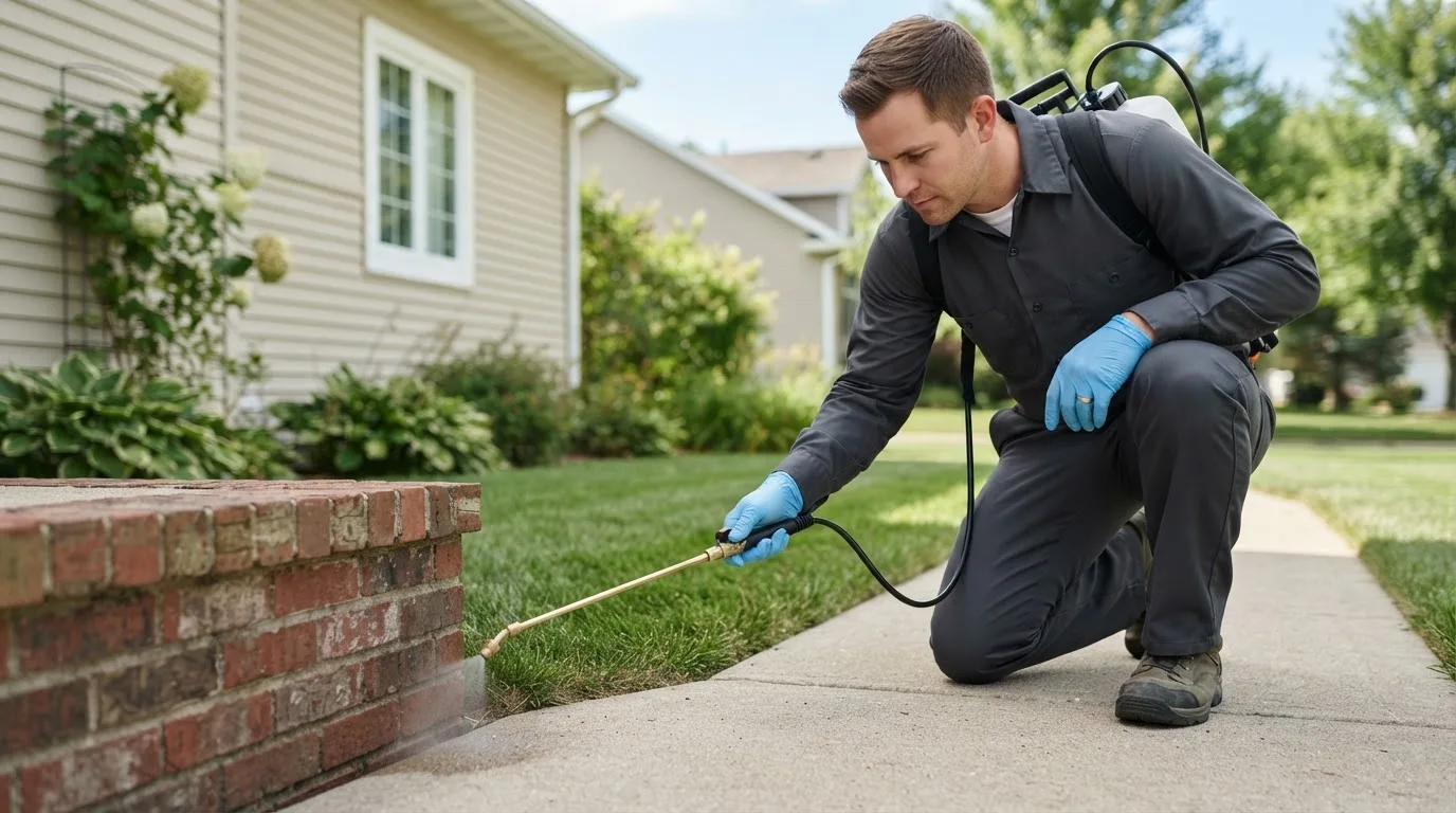 Pest control technician treating a home near Mandaree, ND