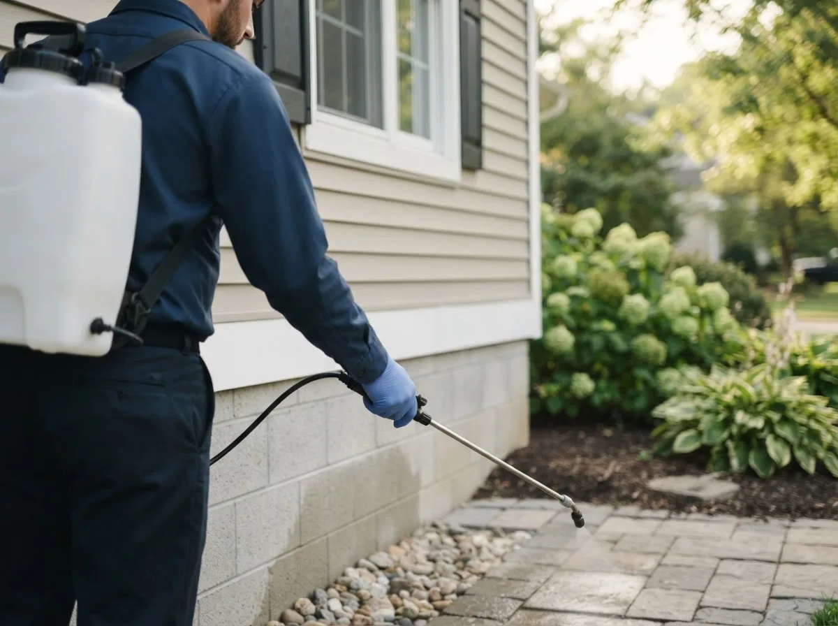 Pest control technician inspecting a home in Mandaree, ND